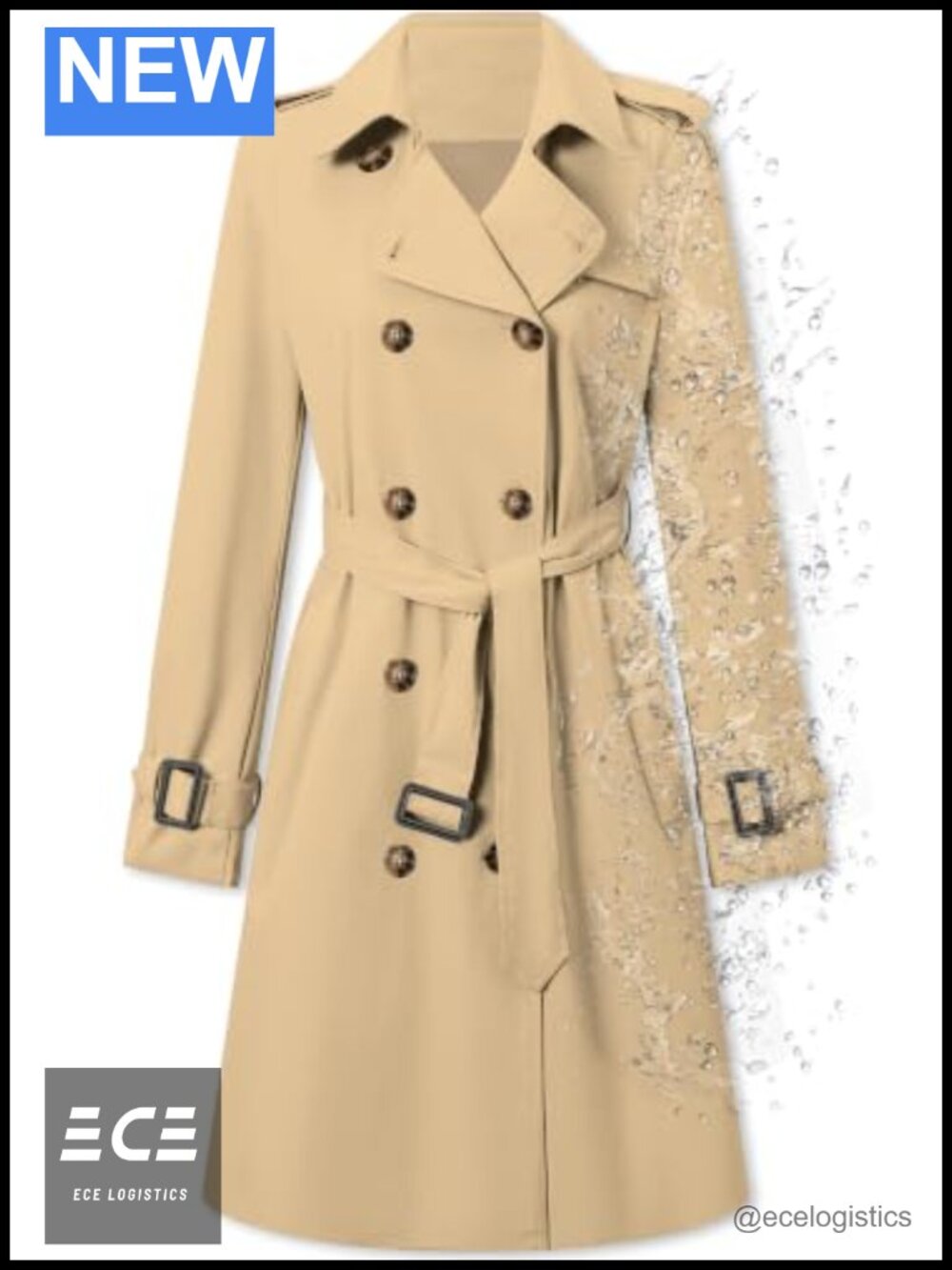 Water-Repellent Double Breasted Belted Trench Coat Mid-Length